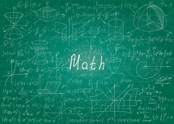 Mathematical formulas drawn by hand on a green unclean chalkboard for the background. Vector illustration. Mathematical formulas drawn by hand on a green unclean chalkboard for the background. Vector illustration drawing of a advanced math formulas stock illustrations