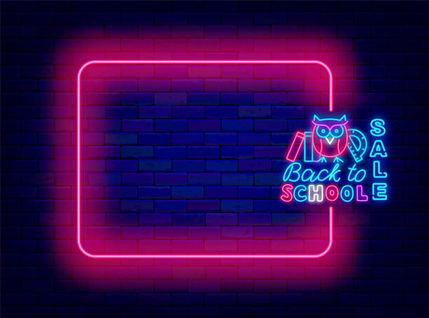 istock Back to school sale neon announcement. September shopping invitation. Empty pink frame. Vector illustration 2161166546