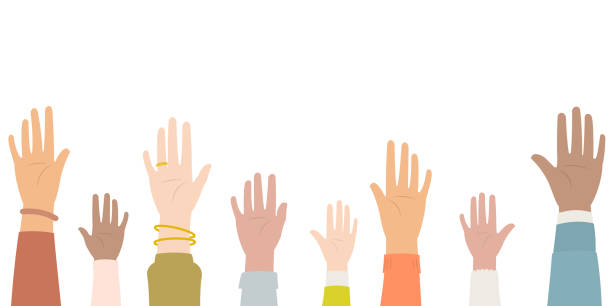 ilustraciones, imágenes clip art, dibujos animados e iconos de stock de manos de diversas personas levantando la parte delantera - open-hand-front-view