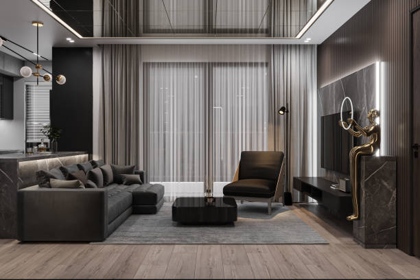 istock Window with Curtain behind Black Stylish Sofa a armchair, Mirror ceiling with LED light in smart living 2161170438