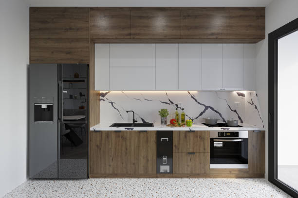 istock Wooden Wall Kitchen Cabinet, White counter, Marble Floor, Fridge in Modern kitchen 2161170453