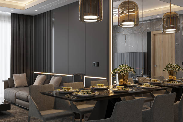 istock Chic Dining Escape Modern Table, Chairs, and Statement Lighting with Industrial Style interior,3D rendering 2161170572