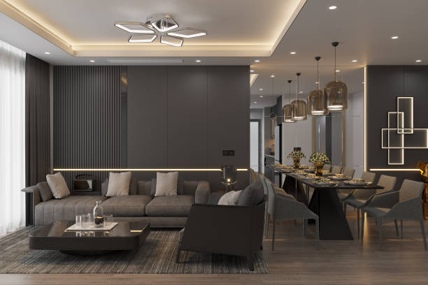 istock Industrial Style interior with Black future, white Pillows on the Drak Gray Sofa Next to dining Table, 3D rendering 2161170598