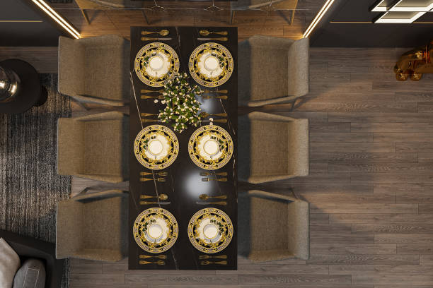 istock Effortless Gold and white Ceramic Dinner set in the dining. Feature lighting, 3D rendering 2161170764
