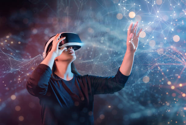 woman with vr virtual reality goggles - augmented-reality stock-fotos und bilder