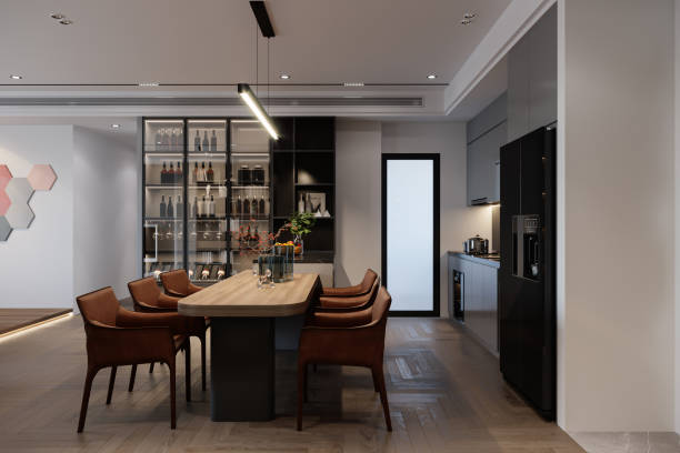 istock Bar placed on the wall in an Open kitchen in front of the Dining Space, 3D rendering 2161171276