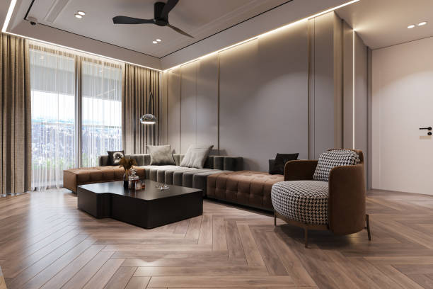 istock Stylish Gray and Brown Features Chic and Comfy Sofa, laminated Floor, Armchair, Black coffee table in a modern living room 2161171398