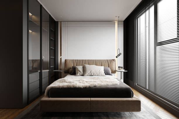 istock Panoramic window and Black closet near the bed in a smart bedroom, 3D rendering 2161171505