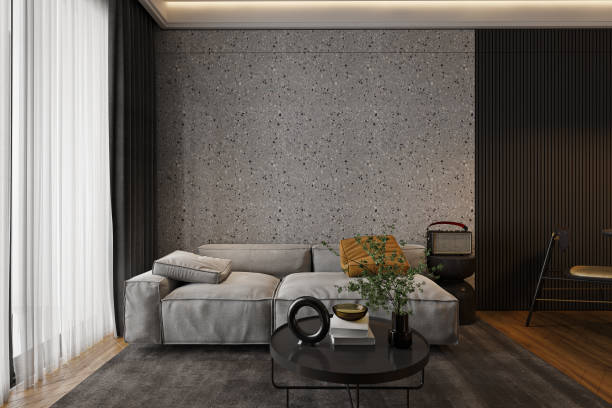 istock Simple Gray Couch near the window and in front of coffee table, 3D rendering 2161171519