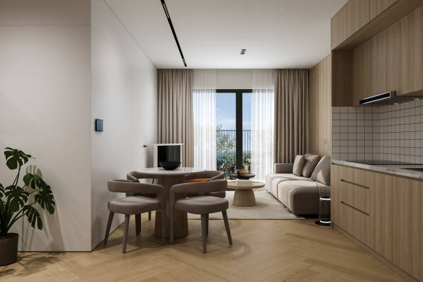 istock Simple style Interior in trio space living, dining, and open kitchen in a studio apartment, 3D rendering 2161171523