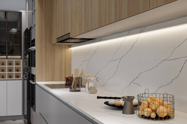 istock Wooden Cupboard and white Kitchen island where Utensils place, kitchen interior 2161171674