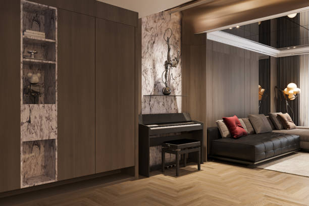 istock Interior of living empty space with Electric Piano, walll decor, Modular sofa with 3D rendering 2161171681