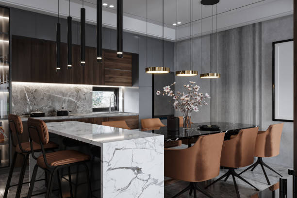 istock The modern interior of the open kitchen and dining space is decorated with Cozy and Effortless Stuff, Pendant lights hanging on the counter and table, 3D rendering 2161171755