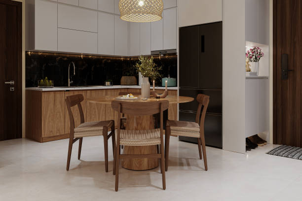 istock Rustic Style Wooden Dining Chairs with round dining table next to the Open kitchen, 3D rendering 2161171799