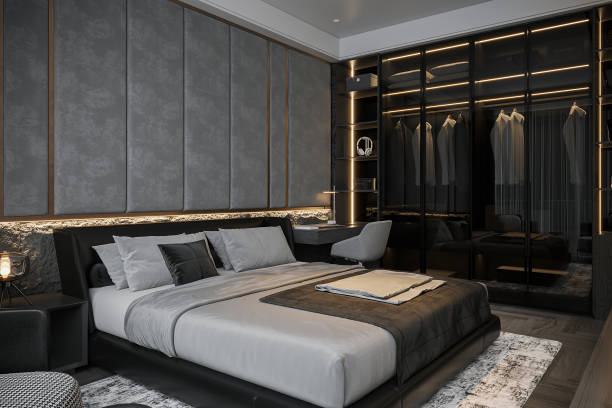istock Smart Bed Room Stylish Bed, Closet, and Black-Themed Decor, 3D rendering 2161171831