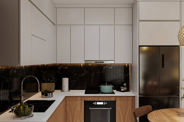 istock Smart Idea with White and wooden touches In Cozy Kitchen, 3D rendering 2161171854