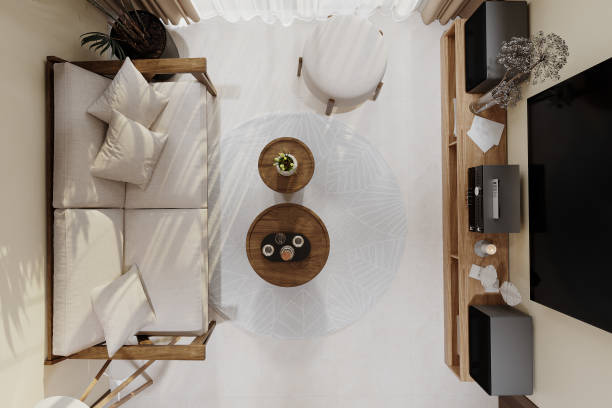istock Top view of Panoramic White Living Room, 3D rendering 2161171946