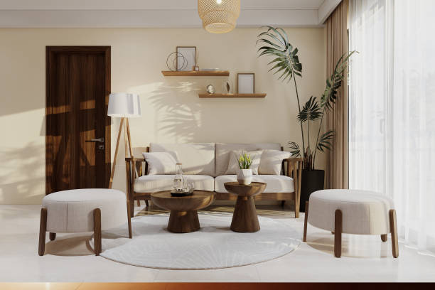 istock Wall Unit With Show-Piece, and White mock-up Poster frame on the wall, white Comfy wooden Sofa, Stools, Coffee table in sophistic living room, 3D rendering 2161172010