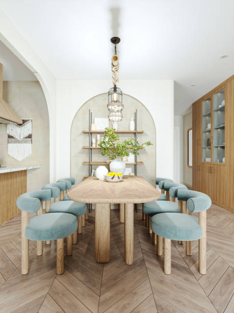 istock Wooden Dining Table with pop colored Chairs, and sophistic Interior in a dining place, 3D rendering 2161172037