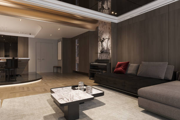 A classic center table on the Beige Carpet in front of a Stylish Modular sofa, 3D rendering