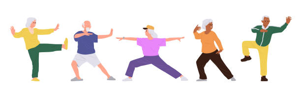 stockillustraties, clipart, cartoons en iconen met diverse healthy active elderly people practicing tai chi morning chinese exercise isolated set - tai chi