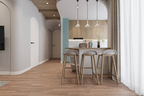istock A pendant chandelier hanging over the kitchen counter, tools in the open kitchen, 3D rendering 2161174377