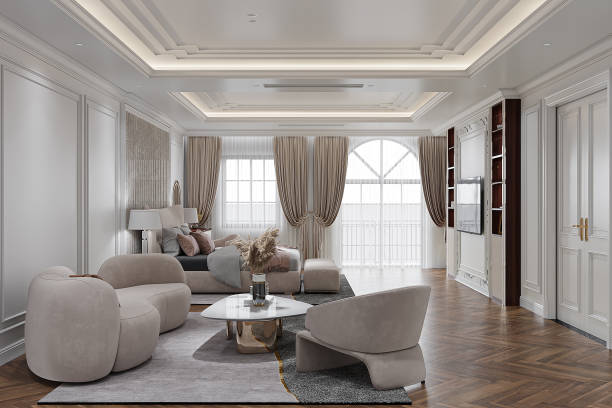 istock Minimalism modern interior design with Stylish Couch and armchair, White decoration, Panoramic Window with curtain, 3D rendering 2161174444