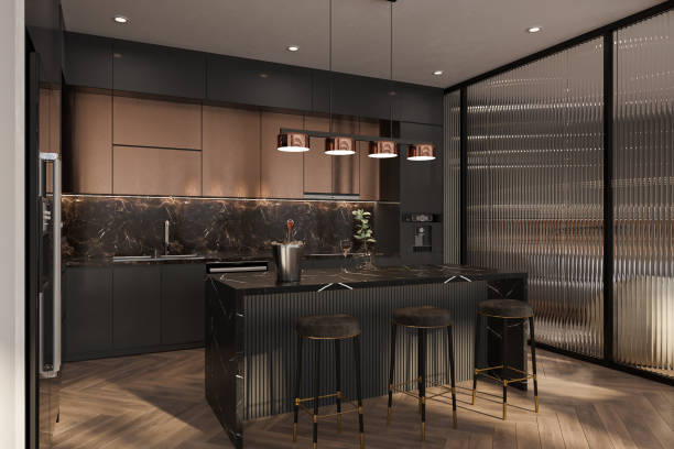 istock Interior of modern kitchen along with Black Ava, and smart choice, 3D rendering 2161174448
