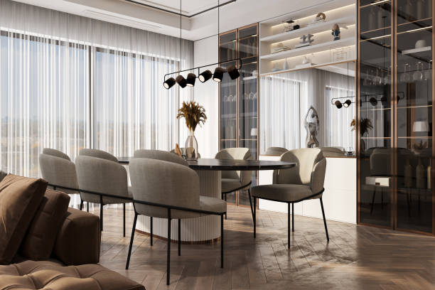 istock Panoramic view from Window, well-furnished dining with luxurious, 3D rendering 2161174486