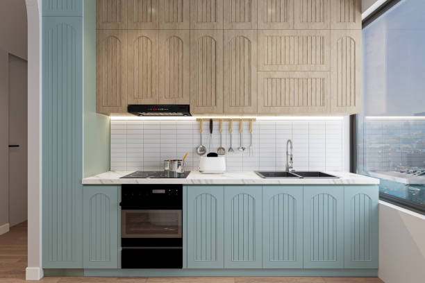 istock Scandinavian-style kitchen interior with pop color, 3D rendering 2161174490