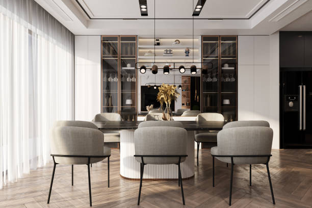 istock Studio-style Chandelier hanging on the ceiling, sunlight comes into the dining, 3D rendering 2161174505