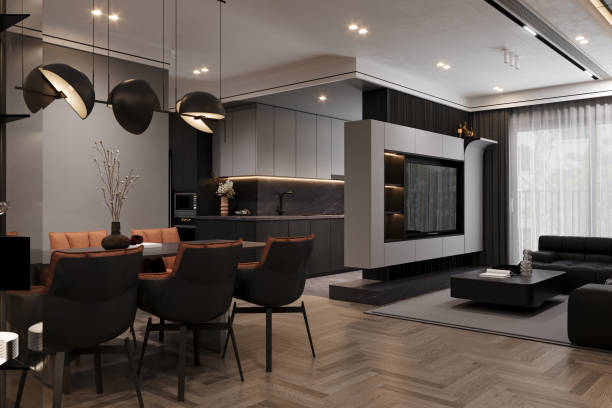 istock Home Interior, modern dark dining room interior, open kitchen and living room, 3D rendering 2161174714