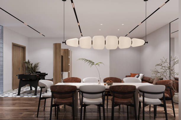 istock Exclusive pendant Chandelier hanging on the ceiling over the dining, 3D rendering 2161174759