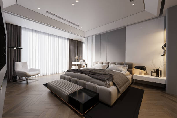 istock Luxurious bedroom interior with Cozy and effortless bed, White ceiling, Armchair, 3D rendering 2161174766