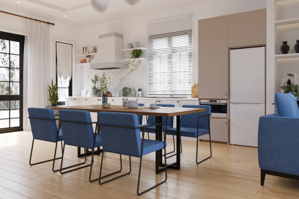 istock Sky blue color Fabric chairs with wooden table next to the open kitchen. 3D rendering 2161174823