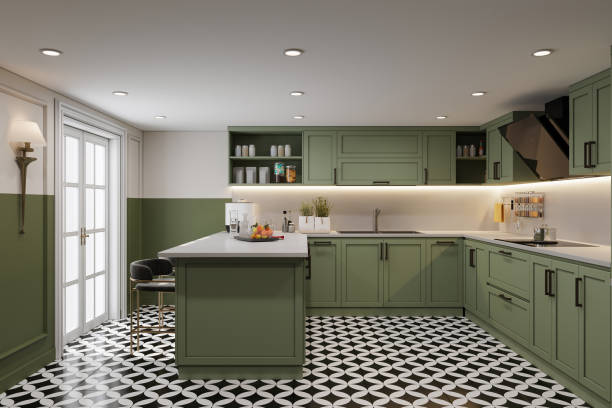 istock Stylish and botany kitchen interior design with white and green touches and black and white pattern flooring. 3D rendering 2161174845