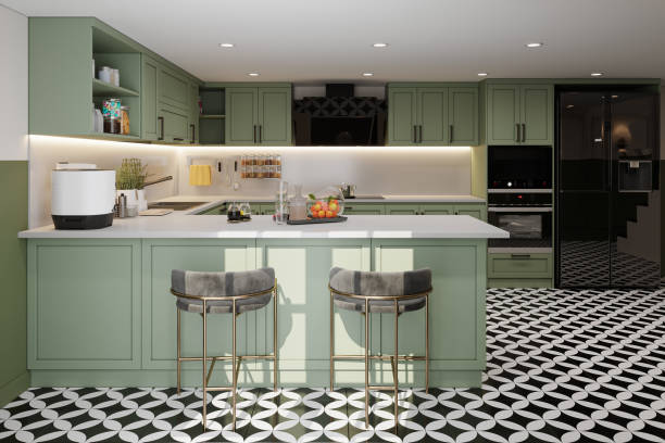istock Stylish and botany kitchen island with technology, and utensils. 3D rendering 2161174850