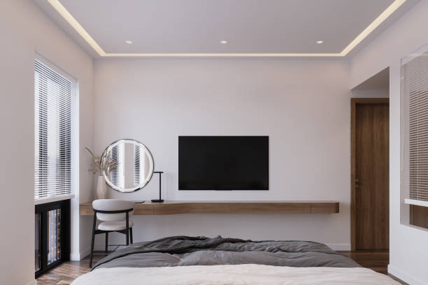 istock TV and Mirror attached to the white wall near the window, 3D rendering 2161174868