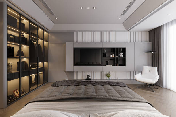 istock Luxurious bedroom interior with Glass-door closet, White ceiling, 3D rendering 2161175004