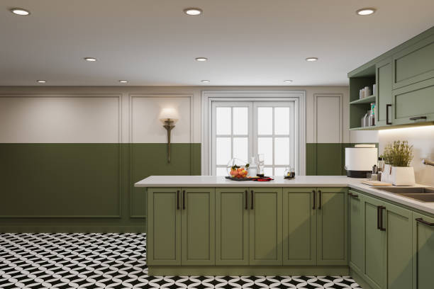 istock Minimalist kitchen interior with Green and white Ava, 3D rendering 2161175043