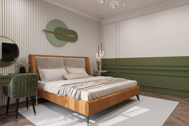 istock Modern bed lying on the hardwood floor near the dressing table, 3D rendering 2161175046