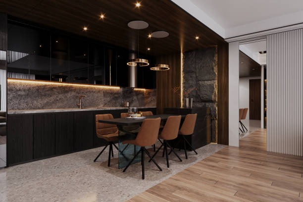 istock Modern Dining Chairs with Table layout into dining place next to the kitchen, 3D rendering 2161175050