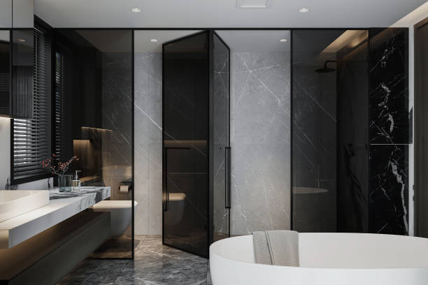istock White Exclusive bathtub and vanity in the modern luxury Restroom. 3D rendering 2161175138