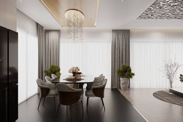 istock A large panoramic window with white and gray curtains in the luxurious apartment. 3d rendering 2161175184
