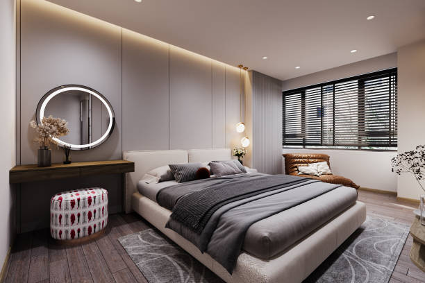 istock A gray and comfy bed, Dressing up with a mirror, window, flooring with hardwood, 3D rendering 2161175294