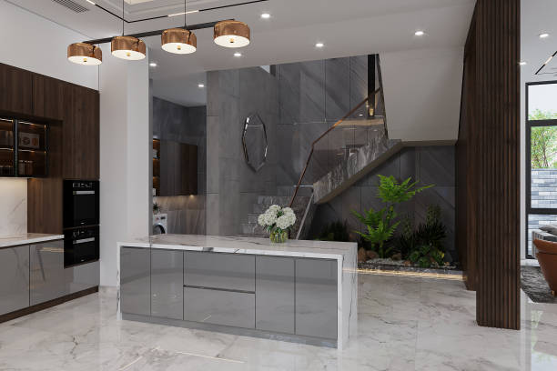 istock Open kitchen interior design in the modern residential house. 3D rendering 2161175299