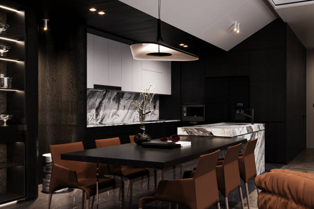 istock Dark kitchen interior with table, chairs, bar island with stool on the floor. 3d rendering 2161175891