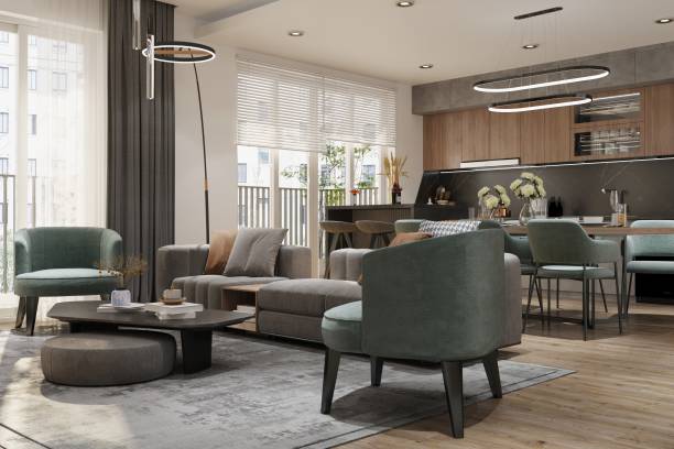 istock Sunlight comes from the balcony doors into the living and kitchen in one space apartment. 3D rendering 2161175892