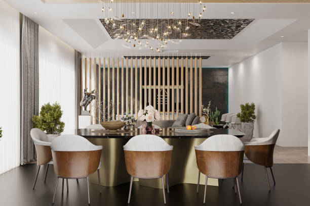 istock Interior Scene and Mock up, Dining room and pantry in modern luxury style with striking contrasting colors, gray chairs, and Chandelier. 3d rendering 2161175937