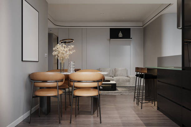 istock Interior Scene and Mock up blank poster frame on the wall, Modern Style Dining Room Chairs. 3d rendering 2161175976